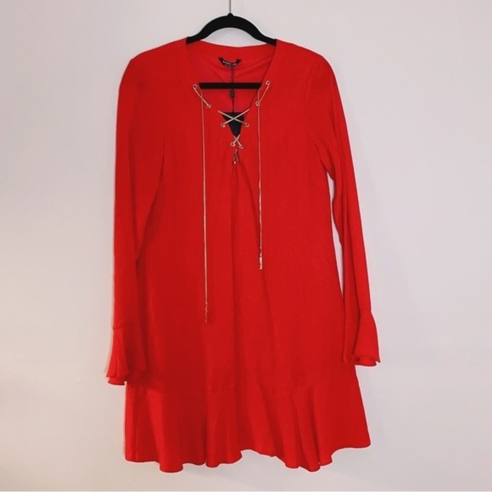 NWT Marciano Gold Chain Red Ruffle Mini Dress Size 42 = US M
